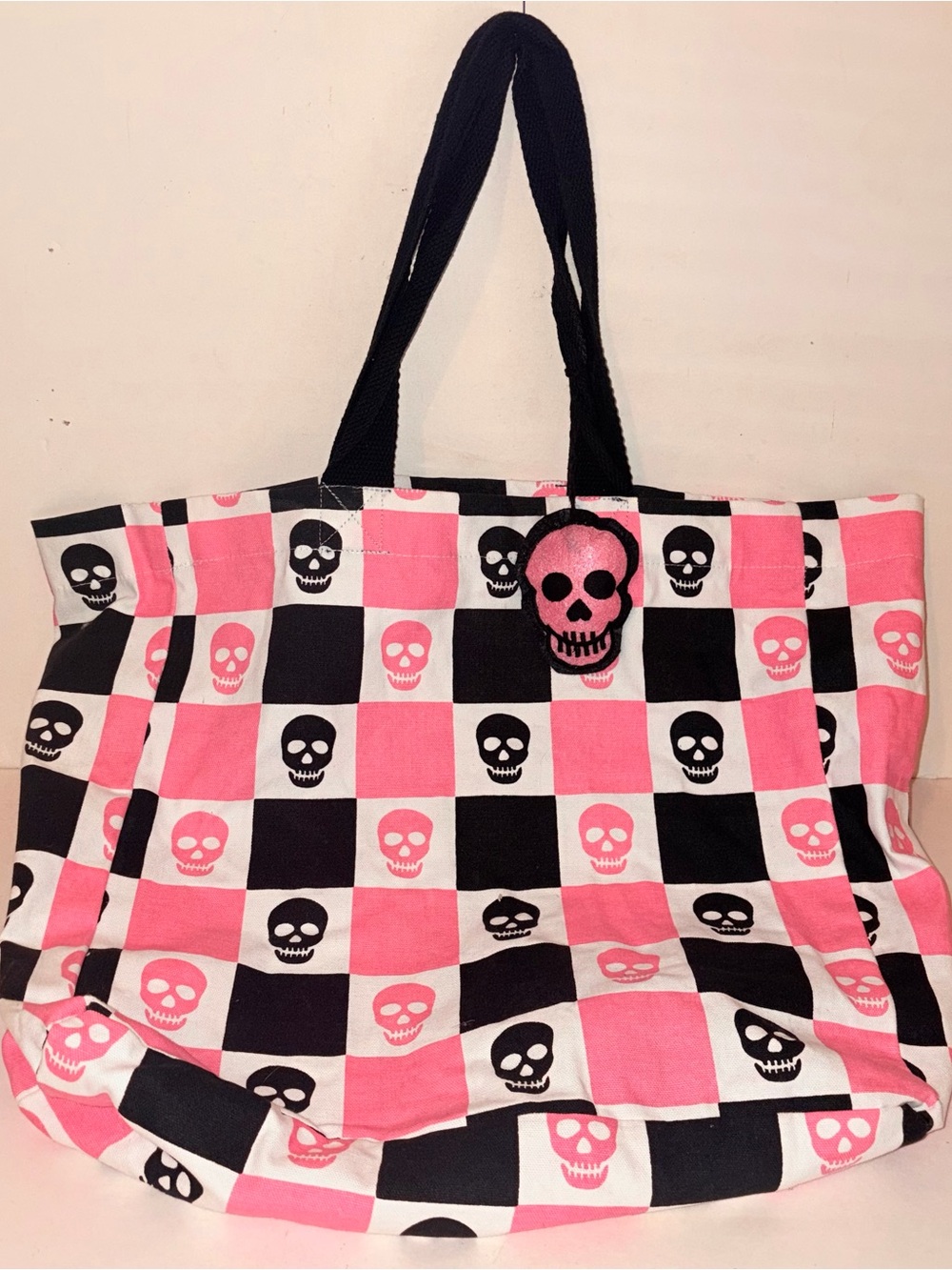 Large Pink Black White Checkerboard Skull Goth Emo Oeko Tex Overnight Tote Bag
